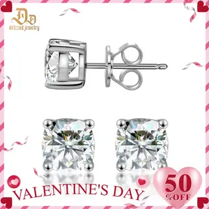 Delzzad Cushion Cut Prong Solitaire Stud Earrings VVS Synthetic Moissanite S925 Stud Earrings Birthday Anniversary Mother's Day Christmas Gifts for Men Women