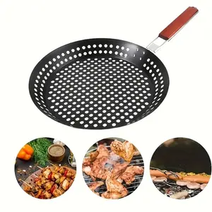 Outdoor BBQ Folding Handle Round Grill Pan, Non-Stick Coated Perforated Grill Tray, Essential BBQ Gear, Cookware, 1pcs, Perfect for Outdoor Cooking