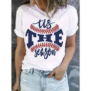 "Tis The Season" Baseball Print T-Shirt - Women's Sports Fan Graphic Tee, Casual Short Sleeve Round Neck Top