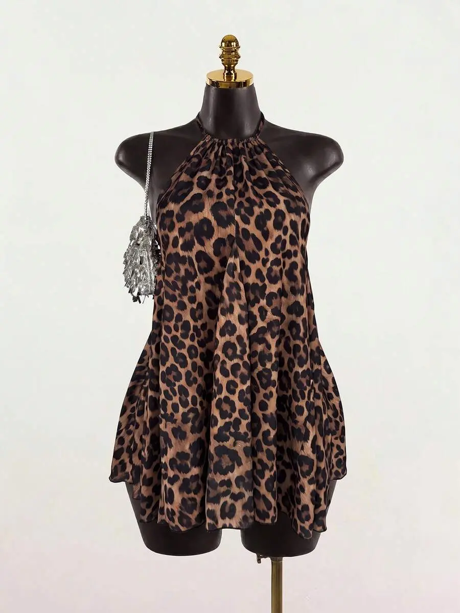 Women's Sexy Leopard Print Backless Halter Mini Dress, Summer