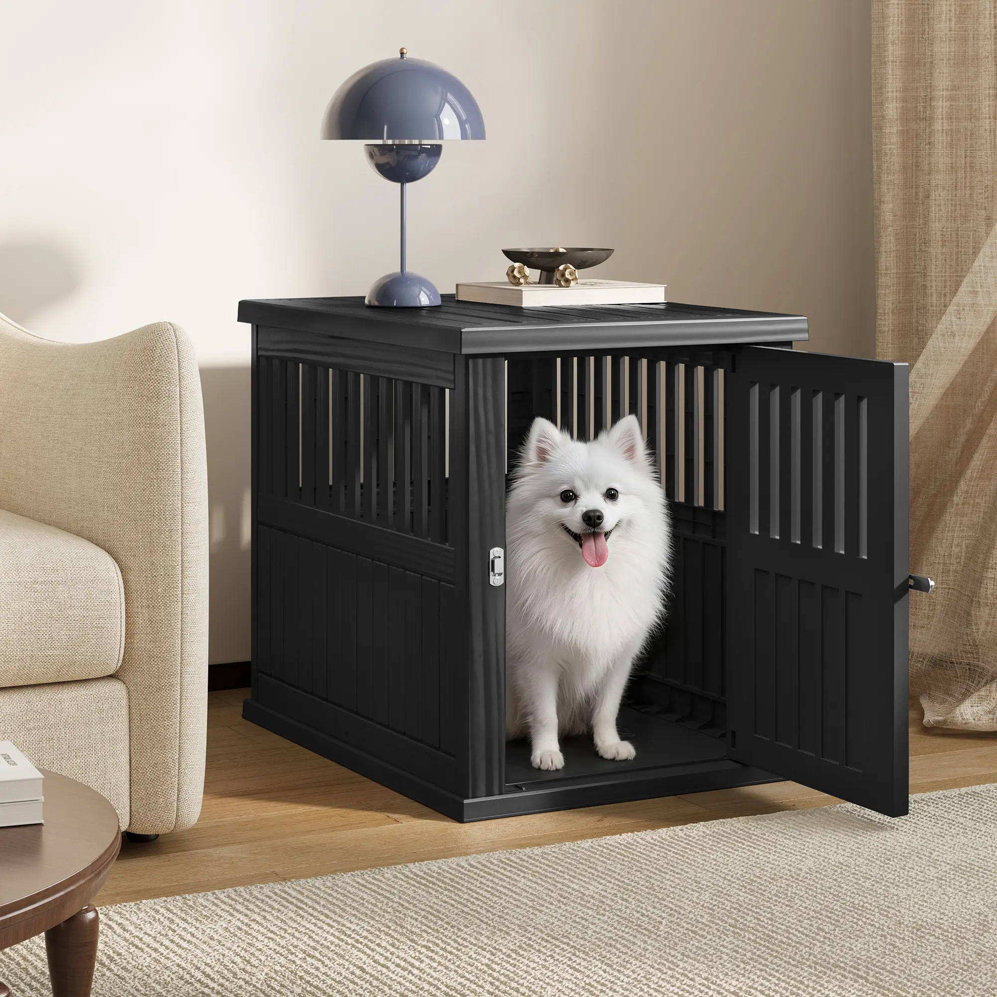RIWENGO Dog Crate End Table - Decorative Corner Dog House, Lockable Plastic Indoor Crate for Small/Medium Dogs