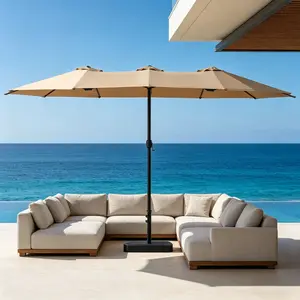 SZHLUX 15FT Patio Umbrella with Base, Extra Large Double-Sided Outdoor Market Umbrella with Crank Handle, Rectangular Sun Shade for Poolside, Garden, Deck, Backyard & Beach