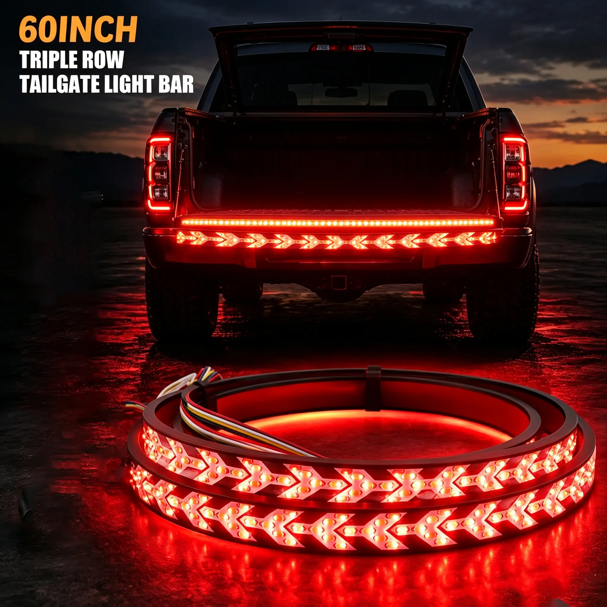 60-in Triple Row Functional LED Tailgate Light Bar, 12V-24V Universal Car LED Lights for Trucks, Adhesive-Mounted Accessory with Red Brake, Amber Signals, White Reverse Lamps, Waterproof Visibility Booster (Stuff for Truck)