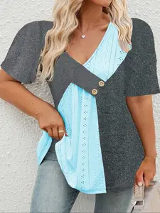 【Plus Size】 Patchwork Eyelet Embroidery Fake Buttons V Neck Tee, Casual Short Sleeve Fitted T-shirt for Daily Wear, Women Plus Clothing for All Seasons