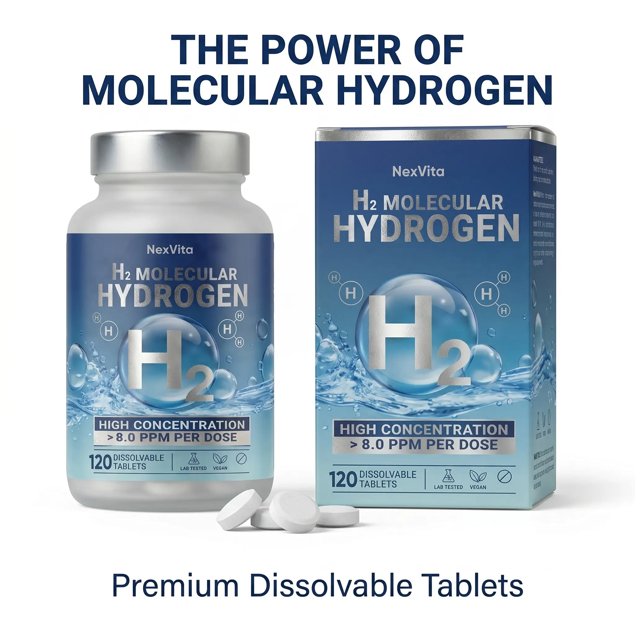 High-Concentration Molecular Hydrogen Tablets - >8.0 PPM Dissolvable H2 Supplement, GMP Certified, Caffeine-Free for Antioxidant Support, Hydration, Recovery - 120 Tablets for Daily Health & Fitness