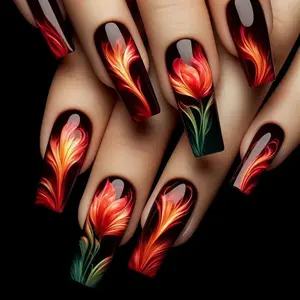 Fire Flame Pattern Fake Nails Kit, Removable Flared Handmade Nails False Nails for Women Girls Nail Art, Nail Art Supplies, Effortless Handmade Press on Nails Manicure Set, Nail Extensions, Glossy Fake Nails