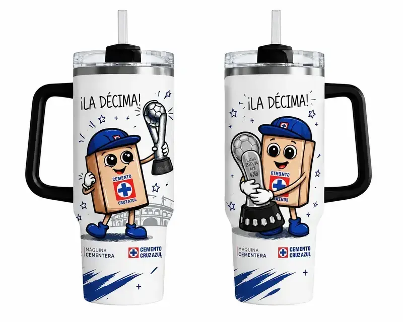 Cruz Azul “La Décima” Tumbler 40oz with Handle – Soccer Fan Gift, Mascot Design, Insulated Stainless Steel Travel Mug, Champion Cup Design