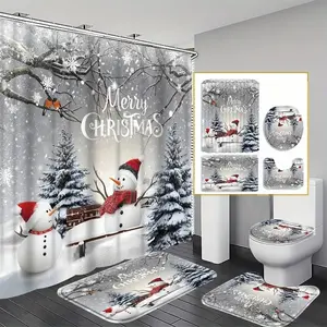 4pcs Christmas Snowman Decorative Shower Curtain Set, Modern Home Decor with Toilet Floor Mat & 12 Hooks, Perfect Housewarming Gift