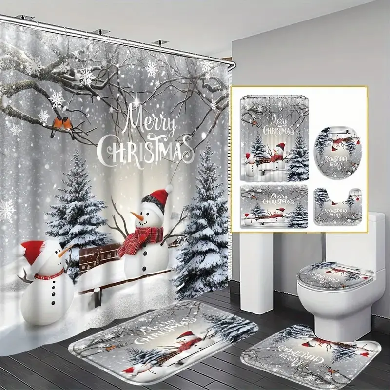 4pcs Christmas Snowman Decorative Bathroom Shower Curtain Sets, Shower Curtain Set For Bathroom, Bathroom Curtains Shower Set, Modern Home Decor with Toilet Floor Mat & 12 Hooks, Perfect Housewarming Gift