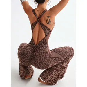 Leopard print twisted hollow deep V-shaped jumpsuit
