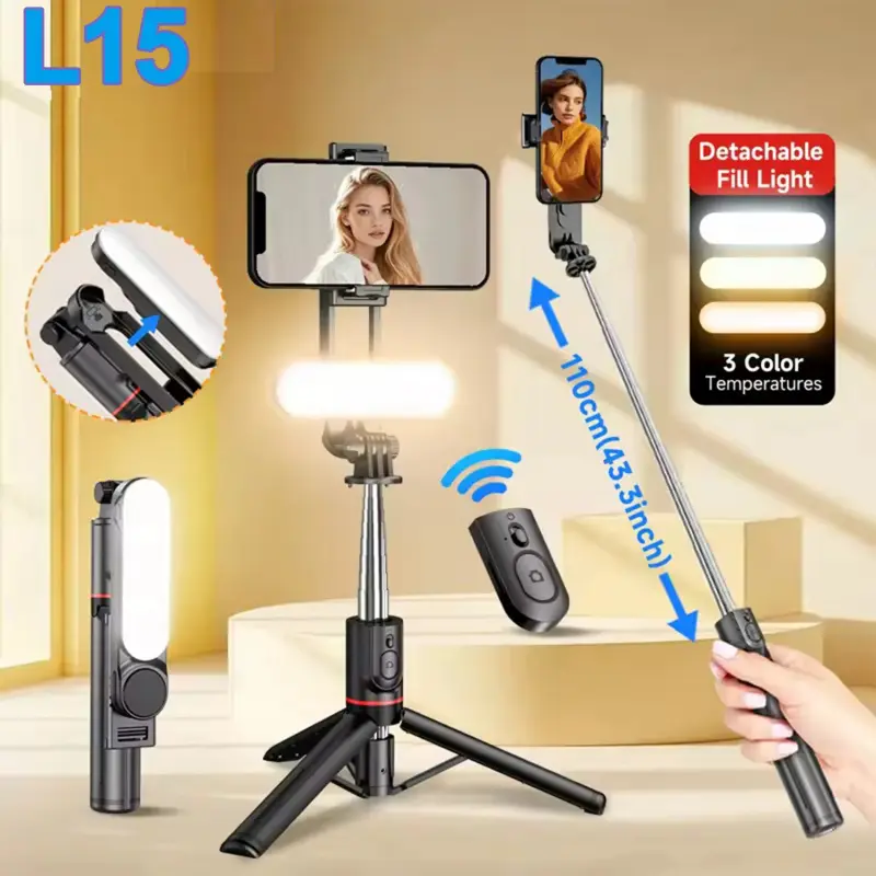 Stable Tripod Selfie Stick with Detachable Light, Portable Compact Adjustable Selfie Stick Tripod, Wireless Phone Tripod, Bluetooth-compatible Compatible, Travel Tripod