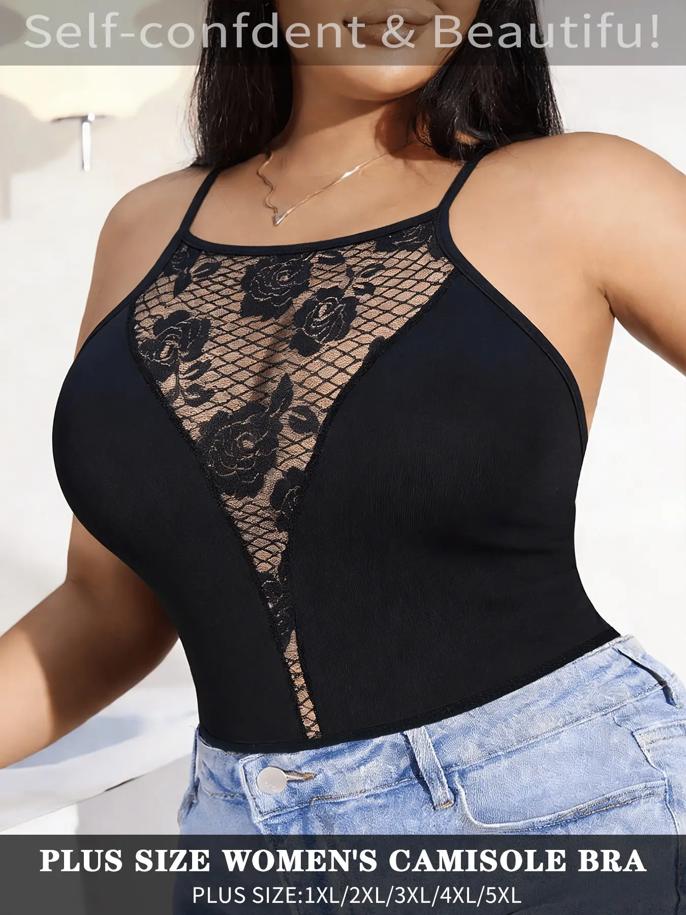 1piece Elegant Plus Size Lace Patchwork Camisole Sexy V-Shape Mesh Floral Summer Bralette Comfortable Fitted Wireless Bra for Daily Wear