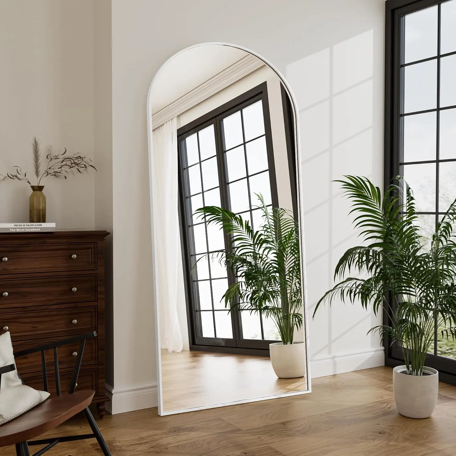 76" x 34" Floor Length Mirror, Arch Full Length Mirror, Mirror Full Length Hanging or Leaning, Body Mirror with Stand, Wall Mounted Mirror, Arched-Top Mirror with Aluminum Frame for Bedroom(White)