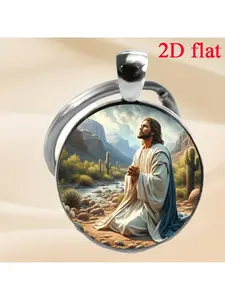 1pc Jesus Time Faux Gemstone Keychain, Prayer Pattern Glass Keychain, Religious Gift, Men Accessories, Bag Accessory, Keychain Pendant, Suitable as a Gift for Friends and Family, Other Festival Gifts, Key Chain Decorations