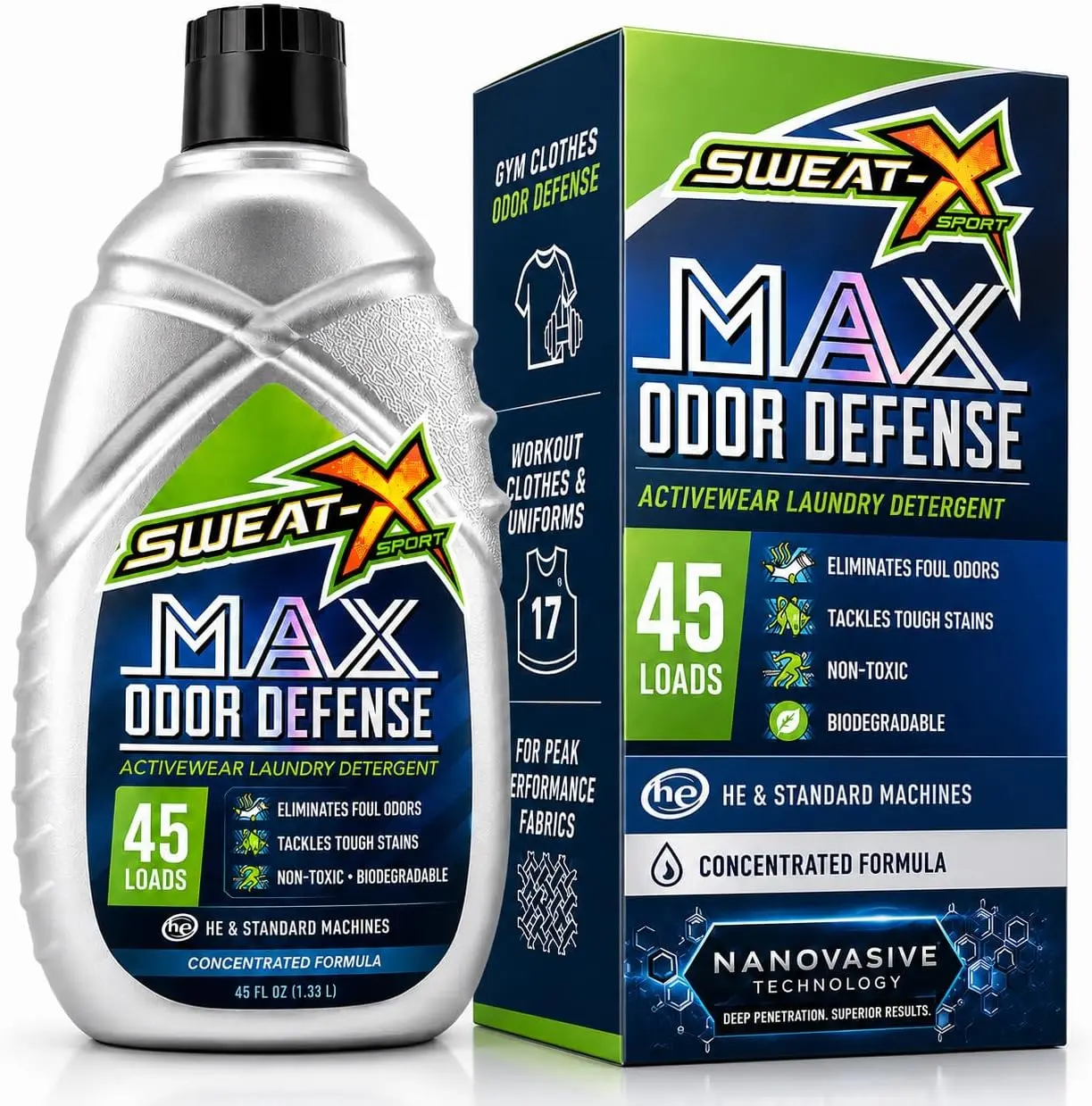 Sweat X Sport Activewear Laundry Detergent - Sports & Gym Clothes Odor Remover, Stain Remover for Performance Fabrics, HE & Standard Compatible, 45 Loads, 45 fl oz