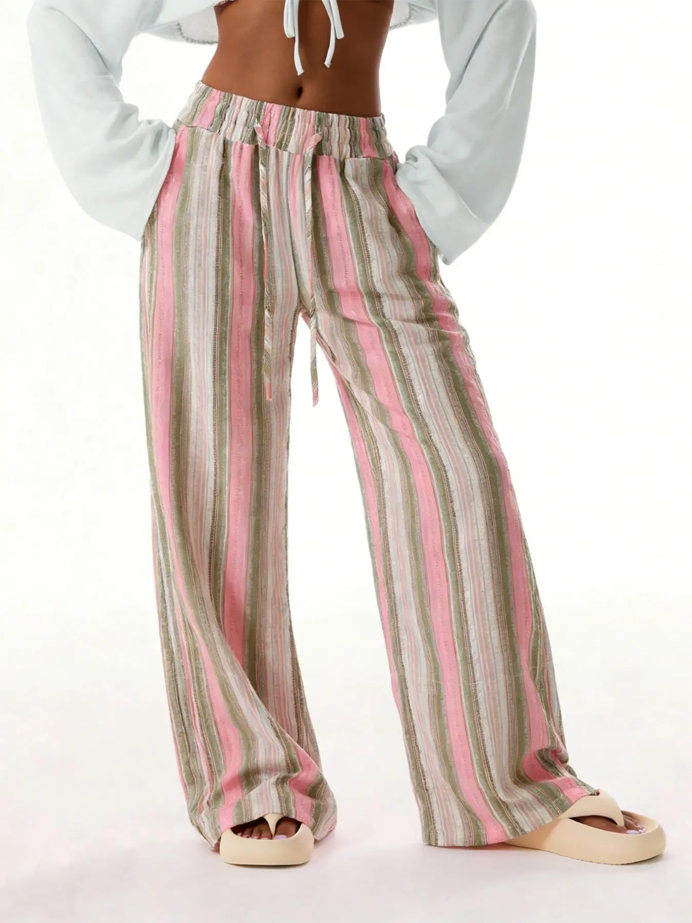 women's bohemian-style wide-leg straight pants, with high-waisted adjustable elastic drawstring and relaxed fit, are ideal for summer beach vacations and everyday casual wear, made from a comfortable, Lightweight, Breathable fabric