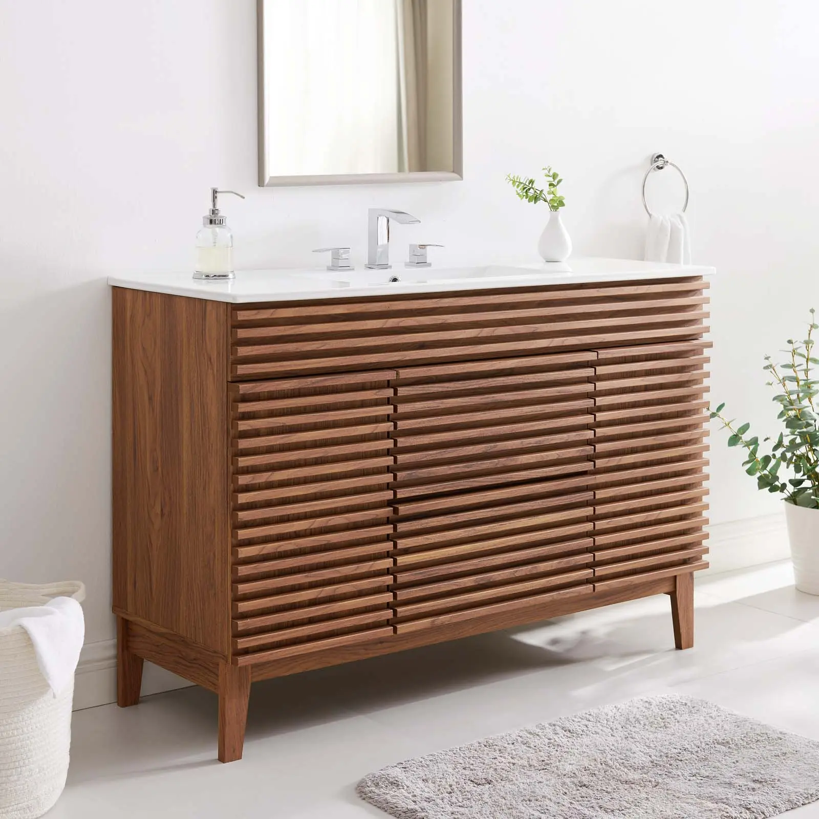 Modway Render 48" Single Sink Bathroom Vanity with Freestanding Cabinet, Walnut White Finish