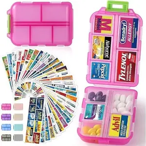 Travel Pill Organizer Box with 146 Labels, 10 Compartment Small Pill Case Medicine Kit, Portable Pocket Purse Pharmacy, Daily Weekly Vitamin Supplement Medication Holder