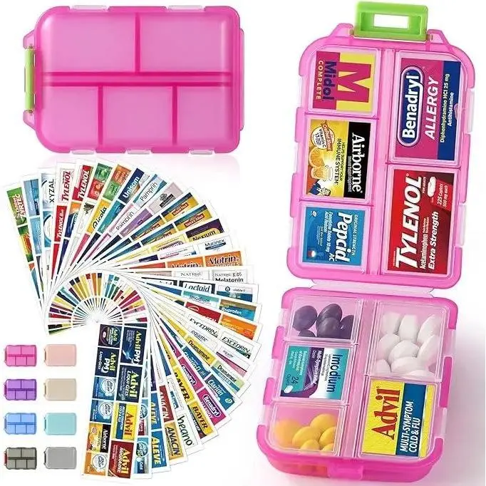 Travel Pill Organizer Box with 146 Labels, 10 Compartment Small Pill Case Medicine Kit, Portable Pocket Purse Pharmacy, Daily Weekly Vitamin Supplement Medication Holder