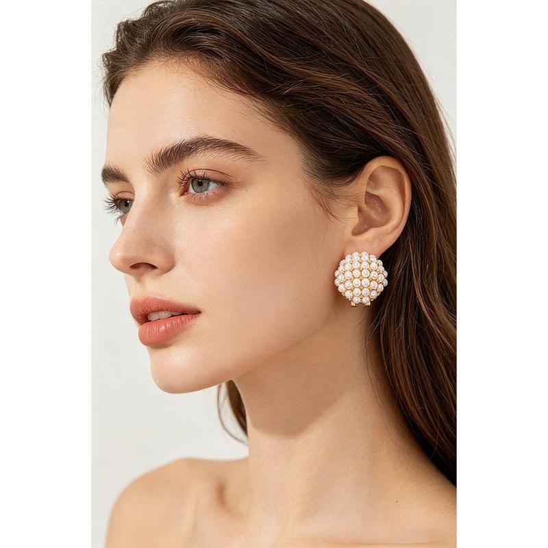 Elara Women's Pearl Cluster Clip-on Earrings, Textured Domed Cluster Non-Pierced Stud Earrings, Elegant Vintage Bridal Wedding Guest Date Night Cocktail Statement Jewelry Aesthetic