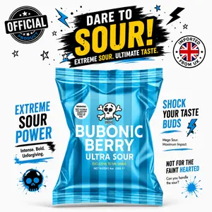 Mr. Simms Sweet Shoppe Bubonic Berry Ultra Sour Bonbon Candy, 100g Imported From England, UK Authorized Distributor Official Sour Raspberry Snack, Boiled & Hard Sweet