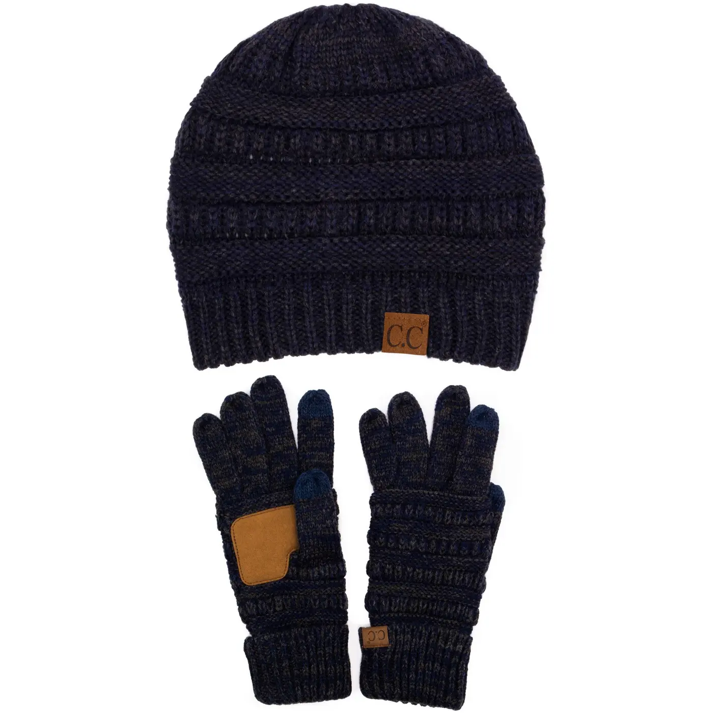 Unisex Soft Stretch Cable Knit Two Tone Beanie and Anti-Slip Touchscreen Gloves Mitten Set - C.C YJ800G800 winter warmth