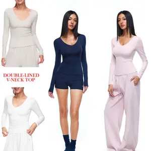 FDR Women's Solid Color V-Neck Double-Lined Long Sleeve Tee Best Gift Ideas Wishlist Lightweight Breathable Stretch | Slim-Fit Layering Essential for Fall Workouts & Everyday Womenswear Top Style Basic #fallfreshness SpringStatements