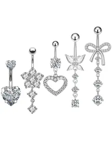 Butterfly Navel Ring Heart Butterfly Flower Patterns Cubic Zirconia Belly Piercing Jewelry, Stainless Steel Body Piercing 14 Gauge