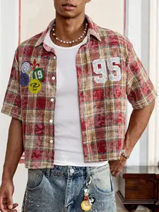 Vintage 90s Cropped Checked Plaid Flannel Shirt, Men's Oversized Short Sleeve Button Down Top with Number 95 & Badge Patches, Retro Washed Streetwear Blouse for Hip Hop OOTD & Gen Z Casual Style, Menswear