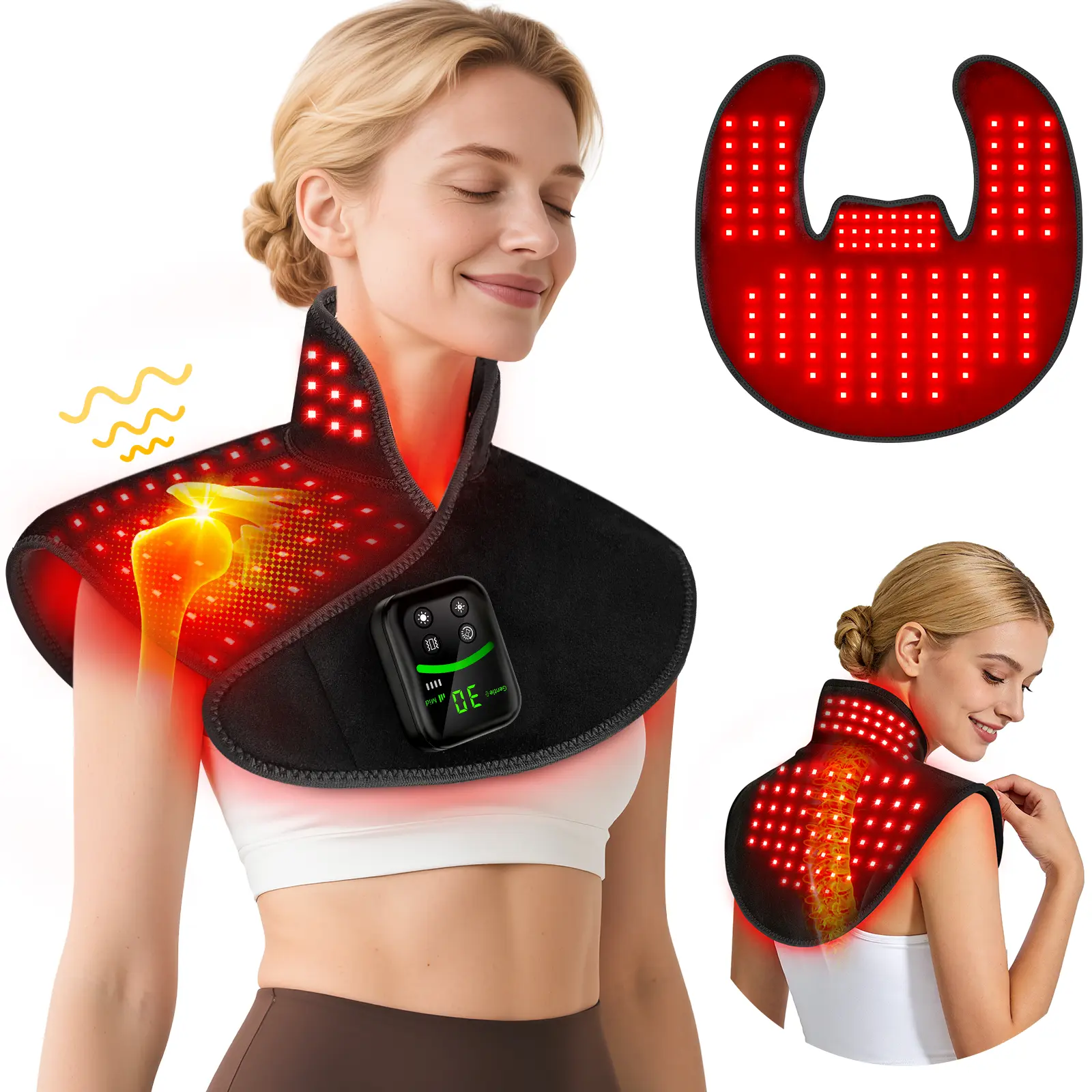 New Rechargeable Battery Cordless Red LED Light Therapy Neck and Shoulder Wrap, Heated Vibrating Massager with 118 Infrared LEDs, Pulse Modes, Timer, Lightweight Portable Design for Adults' Stress Relief, Gift