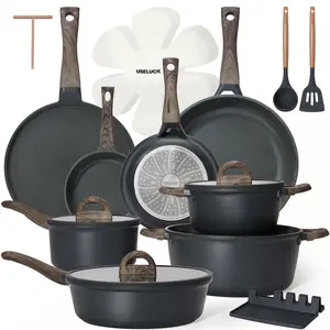 USELUCK 22-Piece Non-Stick Ceramic Pots and Pans Set, Non-Toxic PFOA/PFOS-Free Cream White Granite Stovetop Cookware with Glass Lids, Induction-Compatible Set Including Crepe Frying Pan, Non-Stick Cookware Sets