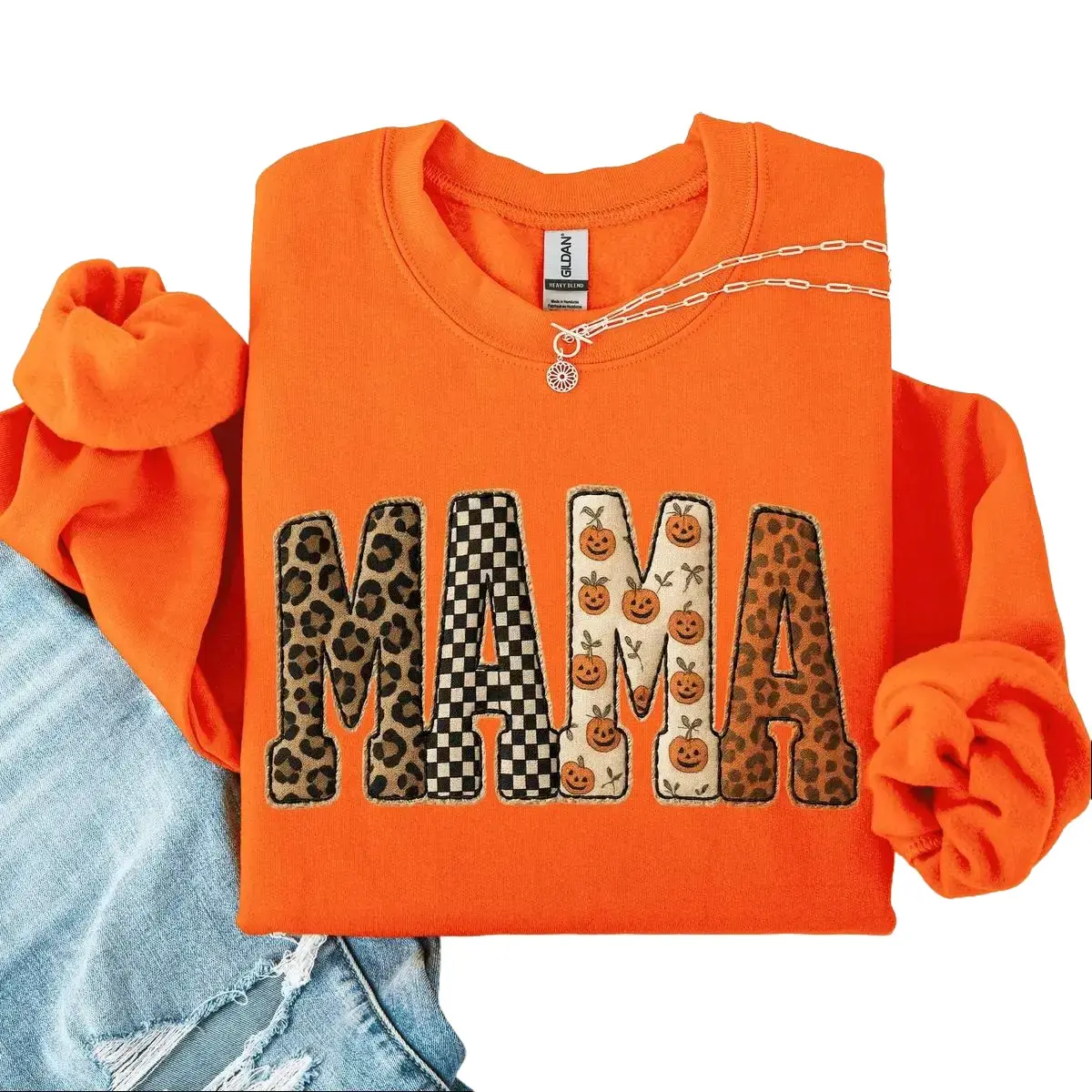 ( FAUX PATCHWORK-PRINT ) Mama, Halloween Pattern, Leopard Print, Checkered, Pumpkin Sweatshirt, Spooky, Witch, Pumpkin, Halloween, Crew Neck, Women's, Crewneck - TrendWear USA