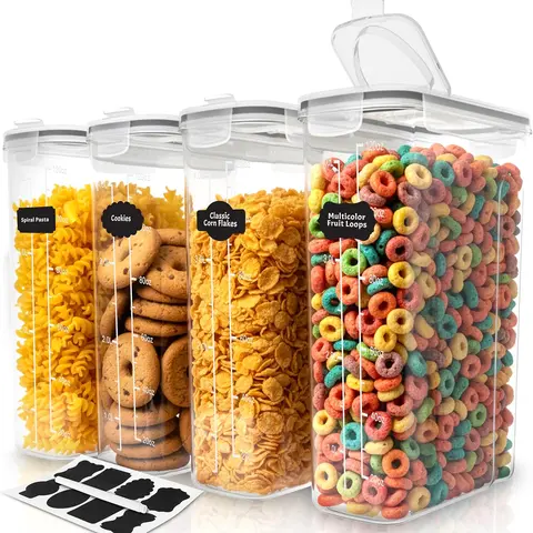 4PCS Airtight Cereal Canister Containers Set, 4L/135.2 Oz Reusable Container & Lid Food Storage with Anti-Leak Lid, Pour Spout, Easy Dispensing Plastic Holders, Labels & Marker for Kitchen Organization