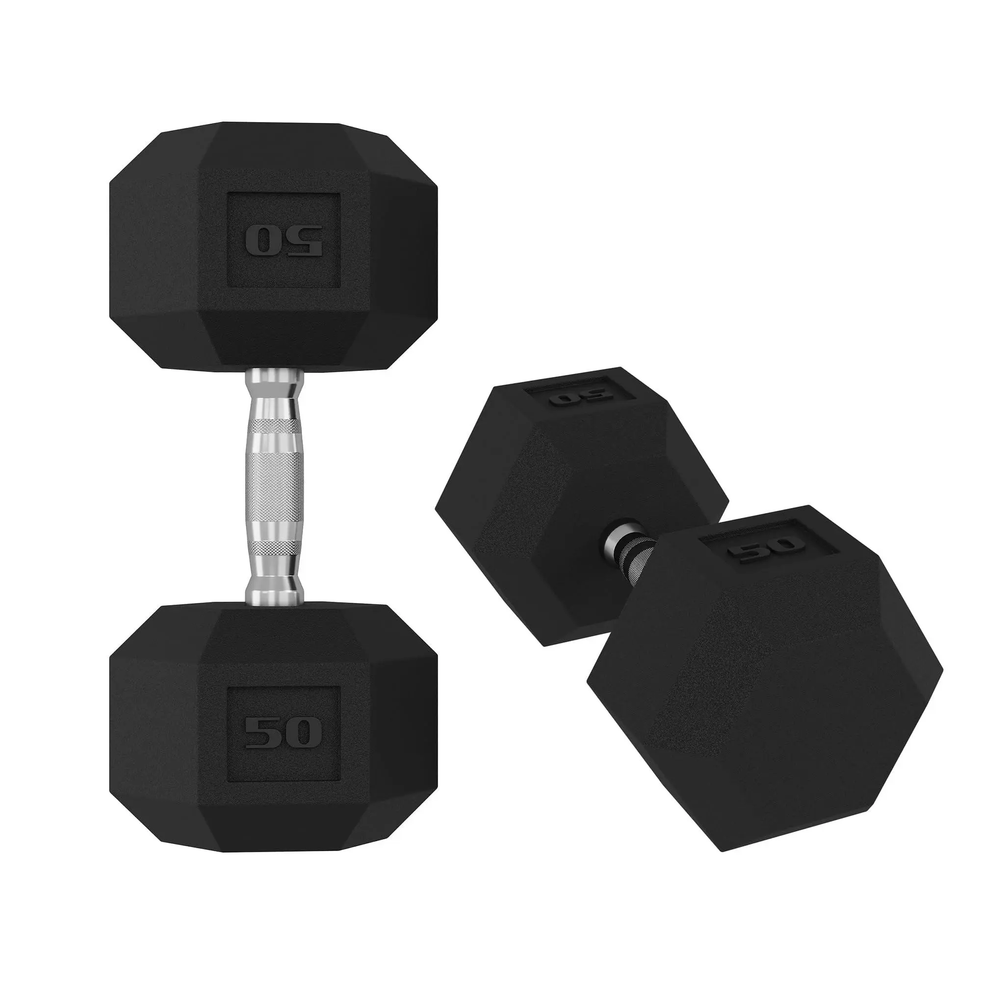 50 LB Hex Dumbbells Set of 2, Rubber Encased Cast Iron Dumbbells with Textured Carbon Steel Handle, Anti-Roll Hexagon Weight Pair for Home Gym Strength Training, Fitness Workouts for Men & Women