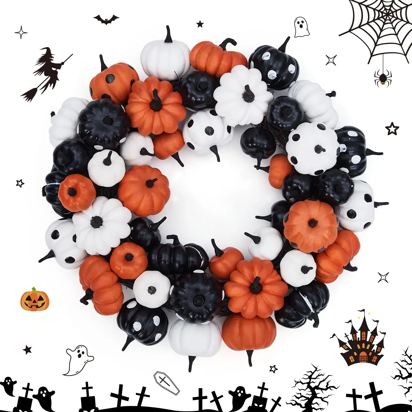 Garvee 18 Inch Halloween Fall Wreath for Front Door, Black Orange White Artificial Pumpkin Wreath for Fall and Halloween Indoor Outdoor Home Party Decor
