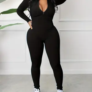 Solid Zipper Mock Neck Skinny Jumpsuit for Women, Casual Comfy Long Sleeve Jumpsuit for Daily Wear, Ladies Clothes for All Seasons, Going Out Outfits