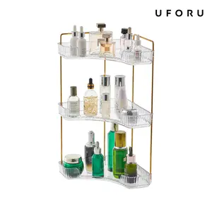UFORU 3 Tiers Corner Bathroom Counter Organizer, Clear Countertop Shelf Storage Rack, Cosmetic Perfume Tray Standing Holder with Gold Metal Pole, Skincare Sink Organizer for Vanity Kitchen Transparent Smooth
