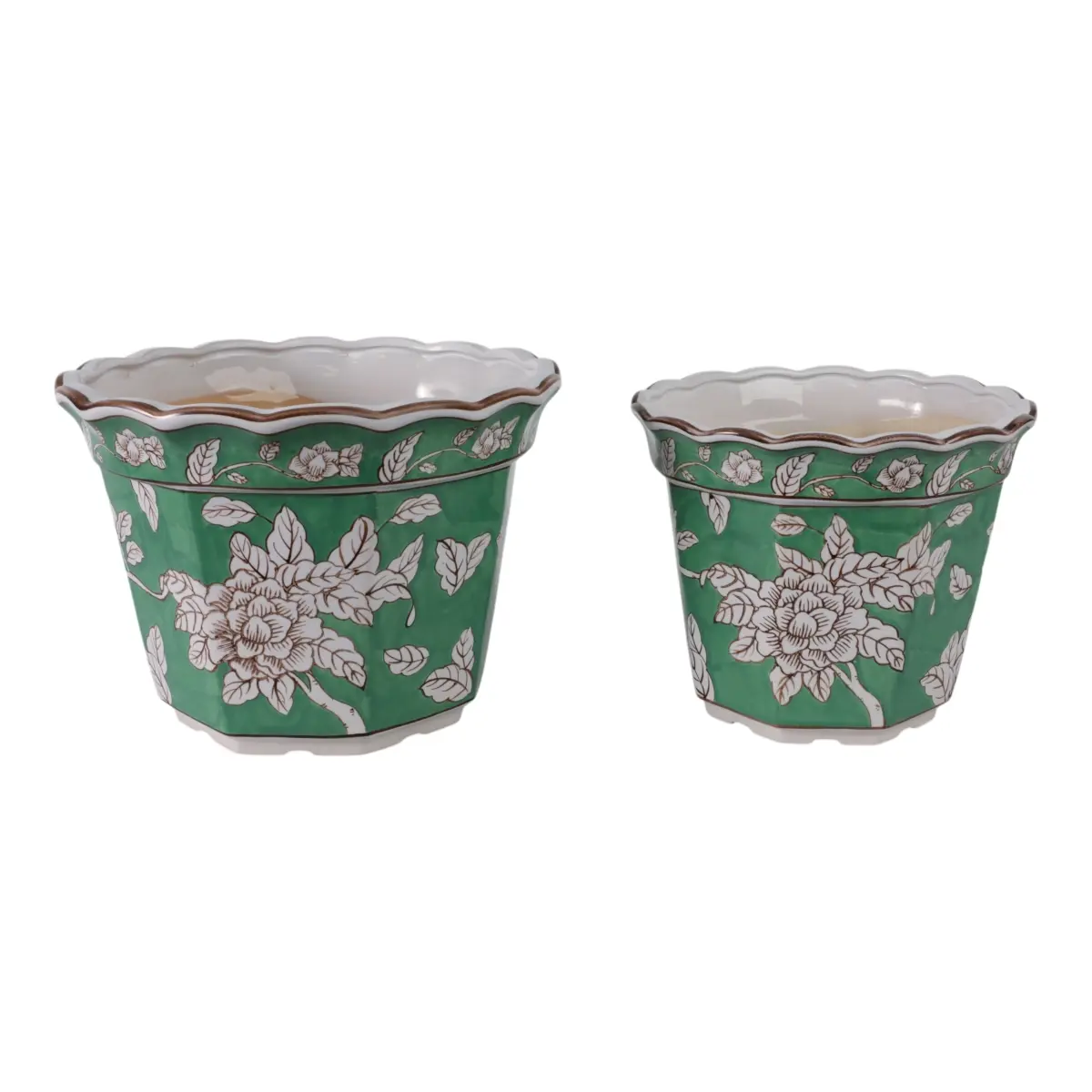 Sagebrook Home 22236-02 10-12 in. Bird & Flower Chinoiserie Planters, Green - Set of 2