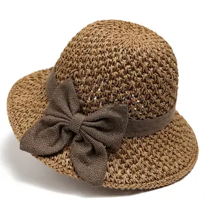 [Mother's Day Gift] Women's Hand-knitted Summer Straw Hat, Foldable Wide-brimmed Sun Hat, Casual Round-top Beach Hat, Available in Two Colors, an Essential Everyday Fashion Item Rope Hat Sombrero Panama