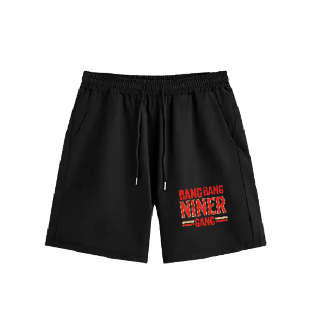 Men's Fitted Vintage-Inspired Stripes Digital Print "Bang Bang Niner Gang" Cotton Blend Tank Top-Style Athletic Shorts - Red, Adjustable Drawstring-Elastic Waistband, Breathable Black Badge, Pockets, Versatile Look, Machine-Washable Game Day Activewear, S
