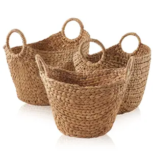 Casafield 3pc Multipurpose Boat Basket Set with Handles, Cinnamon Water Hyacinth, Woven Storage Organizers for Blankets, Bedroom, Living Room, Laundry
