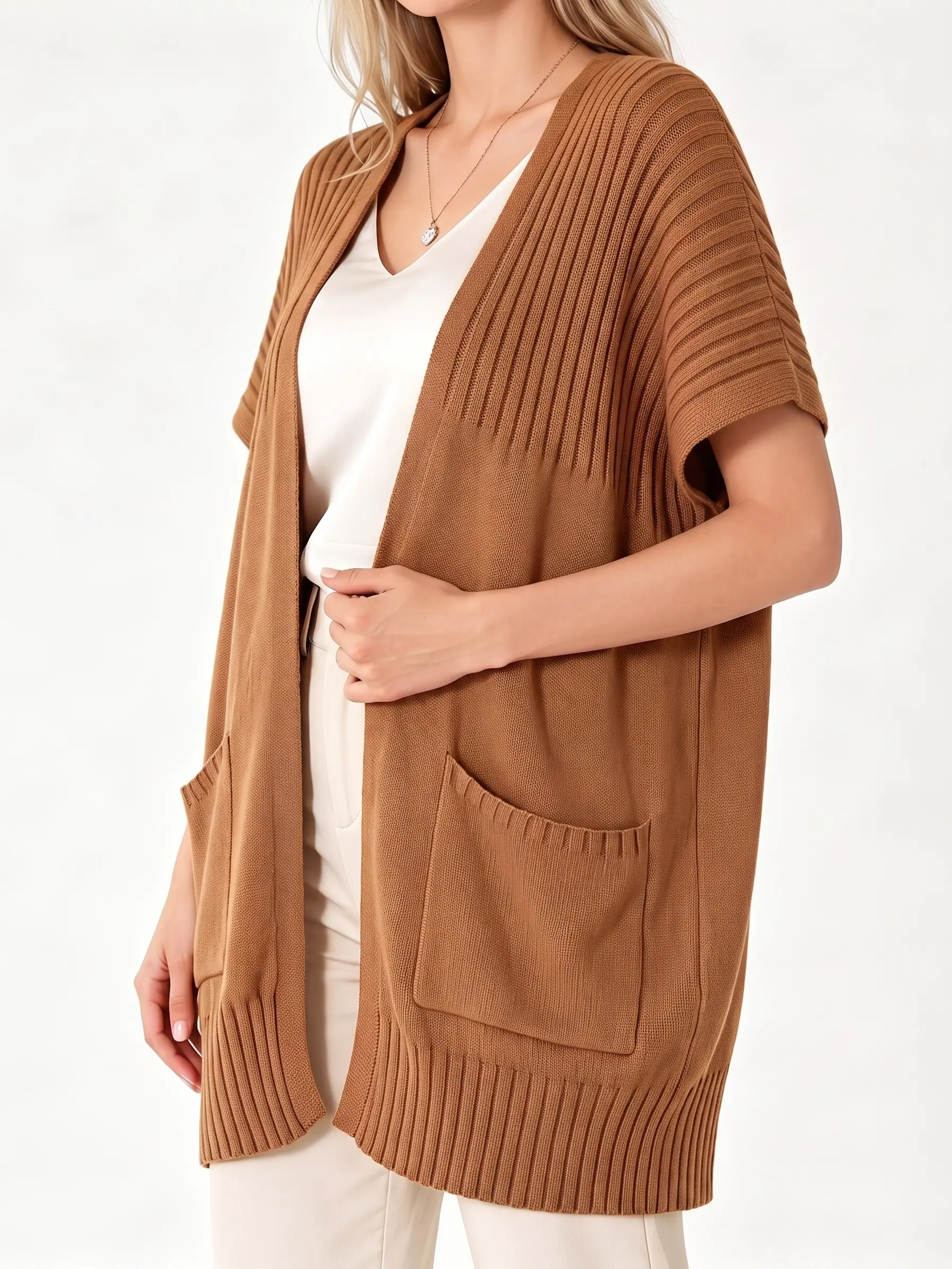 Shewin Summer Outfit Women's Oversized Cotton Blend Cardigan - Short Sleeve Open Front Pleated Knitwear for Everyday Wear & Layering Shortsleeve Basic