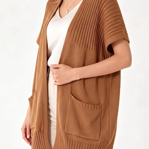 Shewin Women's Basic Elegant Oversized Cotton Blend Short Sleeve Open Front Pleated Knit Cardigan - Fit, Baggy Cozy Tops for Women for Casual Everyday Look & Layering