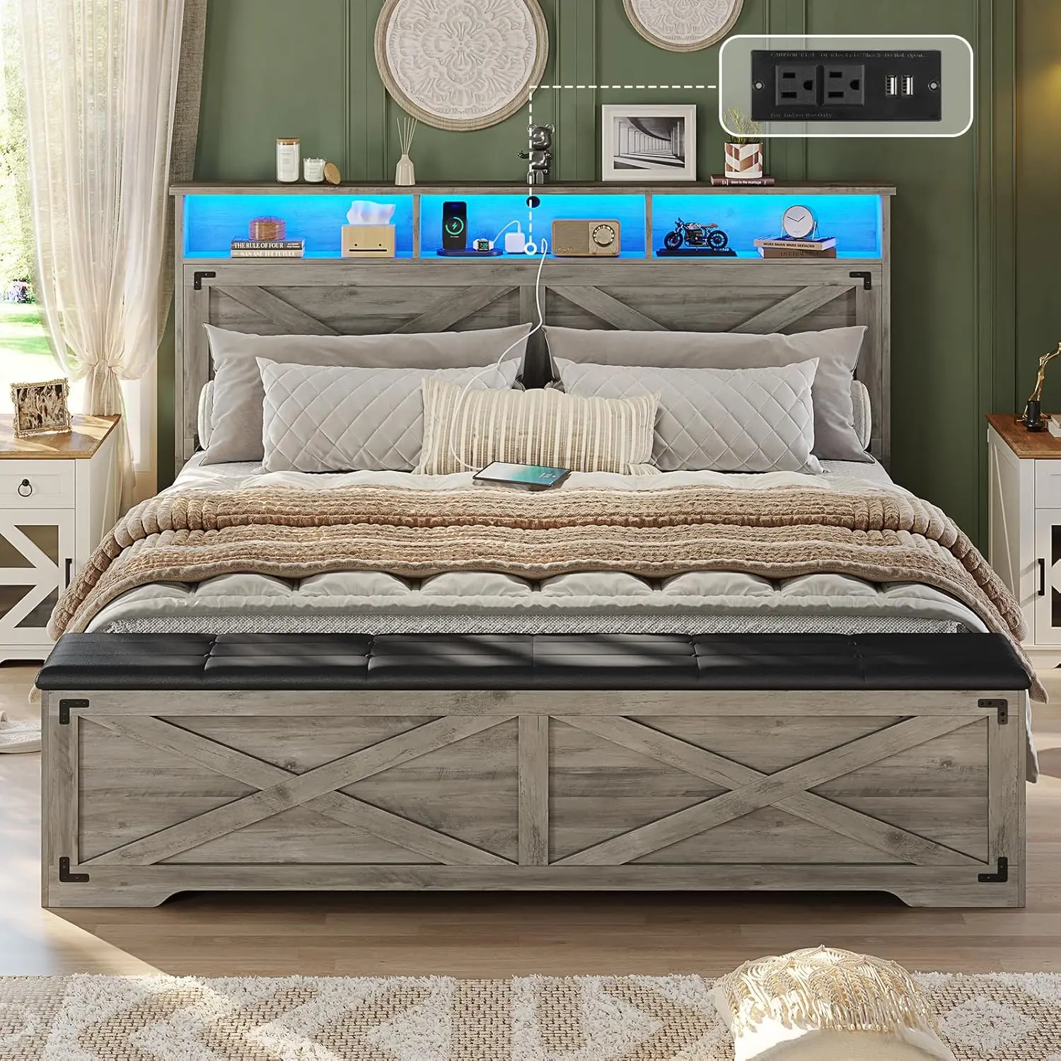 Hasuit Farmhouse Wood-Tone Queen Sized Bed Frame - LED-Accented Bed Frame with Storage Ottoman, Charging Station, Headboard Storage Rack, Noise-Free Metal Slats Grey Bedroom Furniture Sturdy Bed Frame