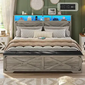 Queen Size Bed Frame with Storage Ottoman, Farmhouse Bed Frame with Charging Station and Led Light, Headboard with Storage Rack, Metal Slats, No Noise Design