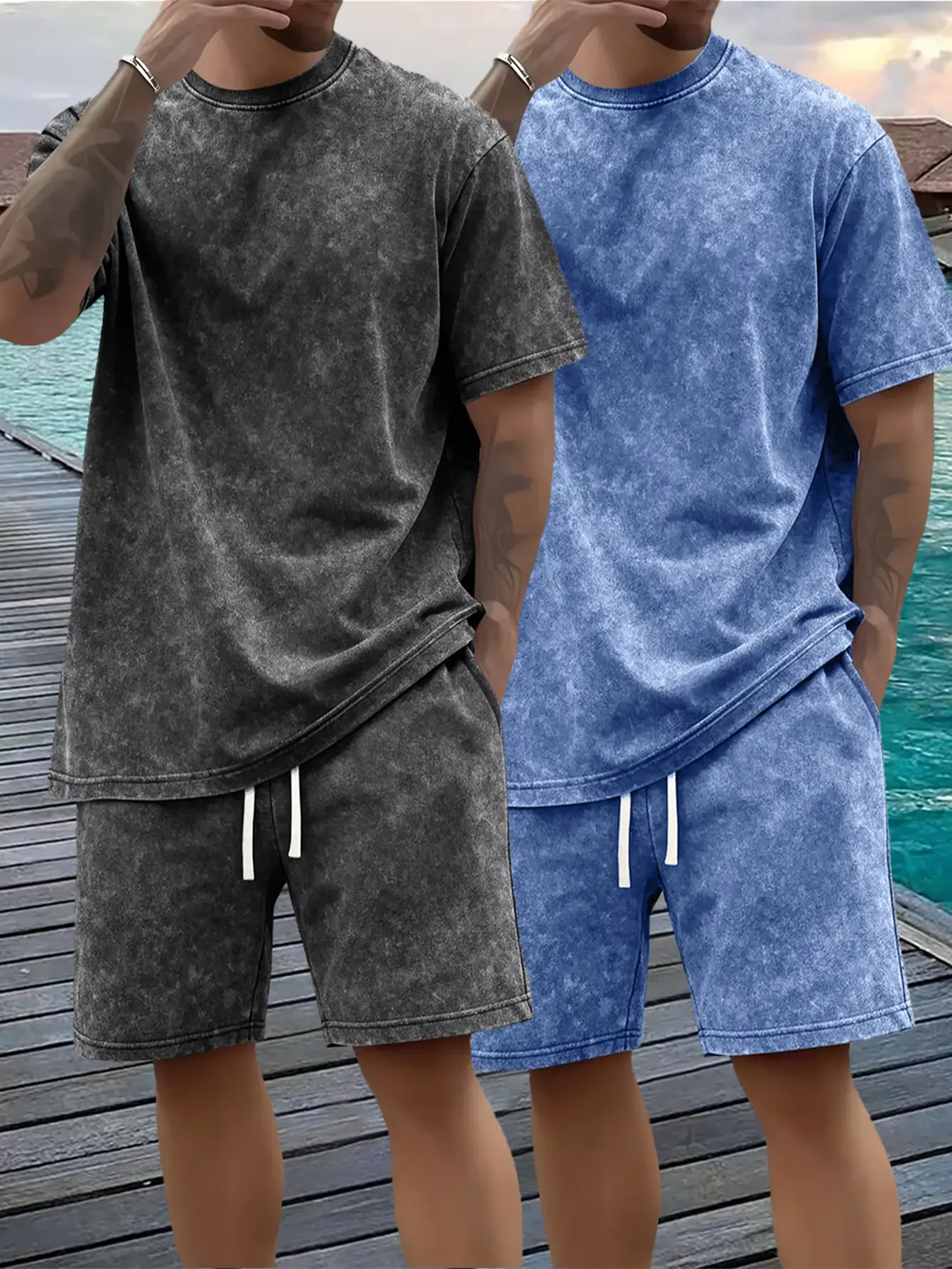 Men's 2-Piece Casual Sports Set - Deep-Fried Snowflake Dyed, Washed Look Crew Neck Short-Sleeve Graphic Skeleton Skull T-Shirt, Elastic Waistband Drawstring Shorts, Wind-Friendly for Summer Street, Outdoor Hiking, Men's 2 Piece Sets, Short Sleeves
