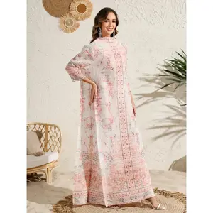 Women's Abaya Dress - Elegant Islamic Long Robe with Pink & White Flowy Print Maxi gown, Floor-Length Non-Stretch Muslim Formal Wear for Saudi Arabian, Arabic, Dubai - Modest Wedding, Funeral, Everyday Outfits - Available, Cultural Outfit, Practical Cover