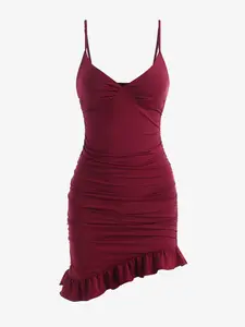 Women's Asymmetrical Ruffle Hem Ruched Cami Bodycon Dress, Summer Dresses, Chic Elegance, Casual Formal Womenswear, Sleeveless Adjustable Spaghetti Strap Mini Sundress for Party Holiday, Slim Fit Polyester Womenswear, Date Night Dresses