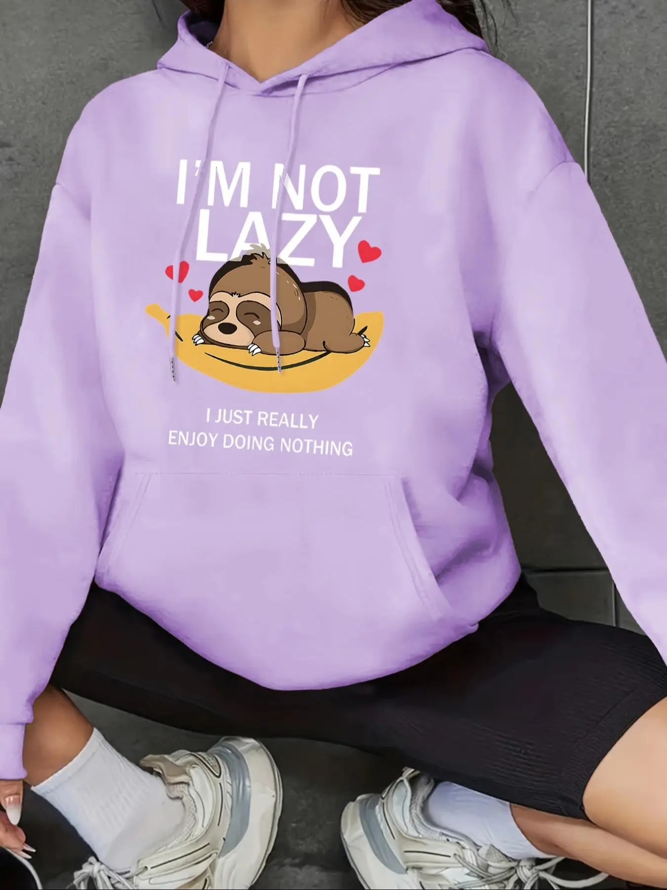 【Plus Size】 Cartoon Sloth & Letter Print Drawstring Pocket Thermal Lined Pastel Hoodie, Casual Long Sleeve Hooded Sweatshirt for Fall & Winter, Women's Clothing for Daily Wear