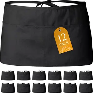 12 Pack - Black Server Waist Aprons with 3 Pockets, Waitress Half Apron